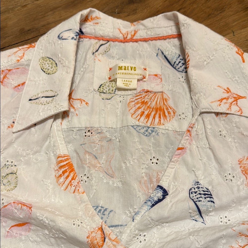 Anthropologie White and Orange Pajama Set with Whimsical Design Seashells Sea M2 - Picture 5 of 10